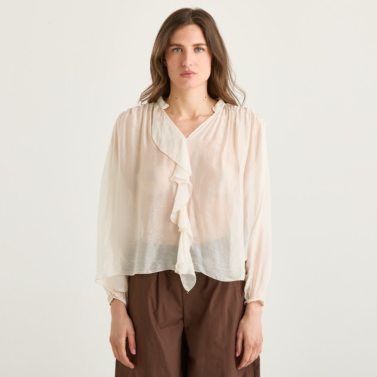 Haveone camicia leggera in tessuto beige chiaro
