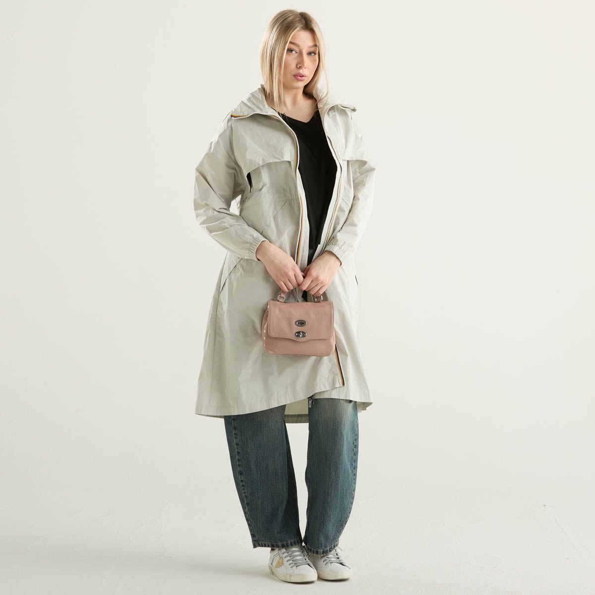 K-Way impermeabile lungo in tessuto beige chiaro